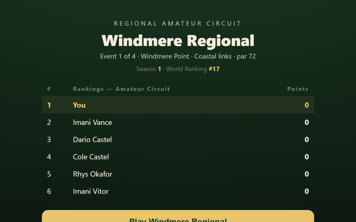 The career hub showing the amateur circuit standings and the next event on the calendar
