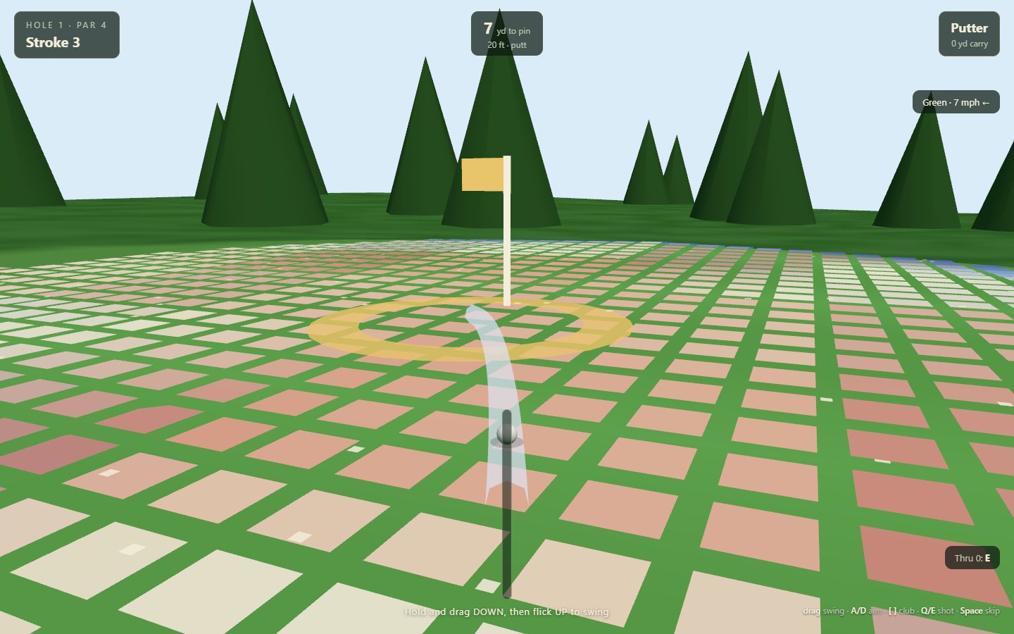 The putting grid on a green, coloring the slope and showing the roll line to the cup
