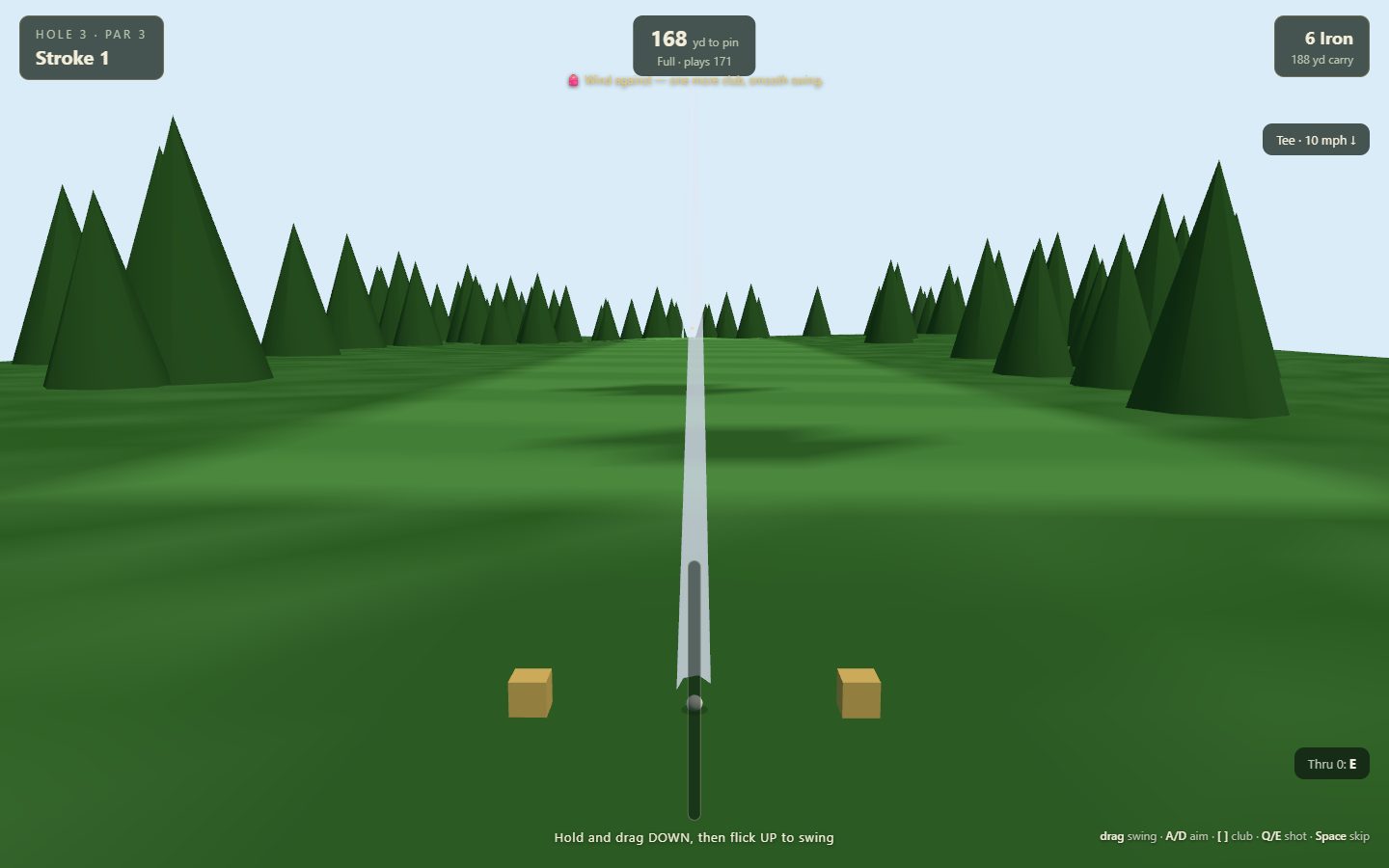 Aiming a 6-iron at a 168-yard par 3, with the caddie's advice and wind shown on the HUD