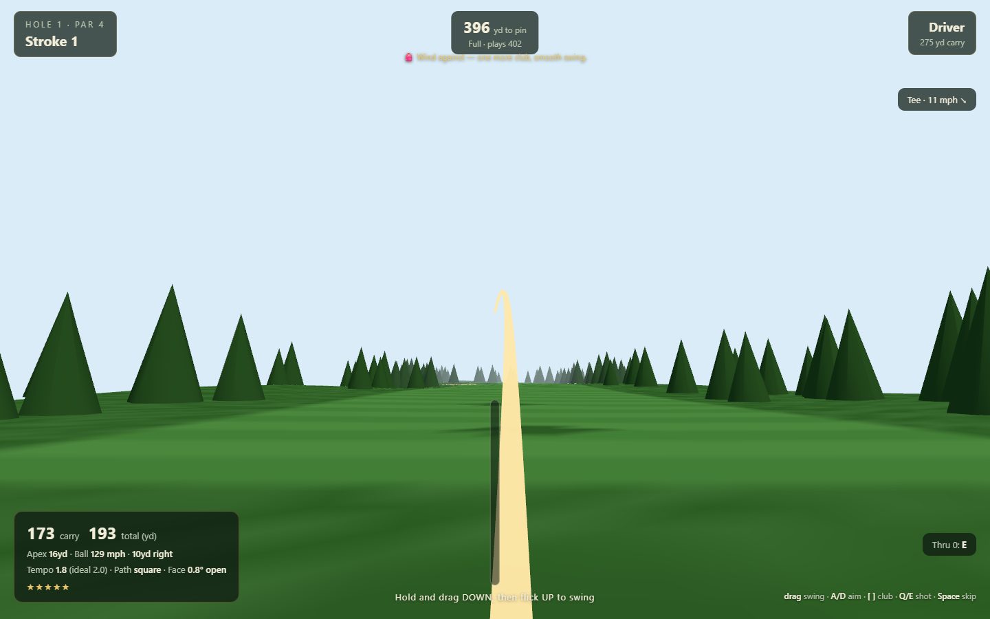 A gold shot tracer arcing down the first fairway at Windmere Point, with the swing readout showing a 5-star strike